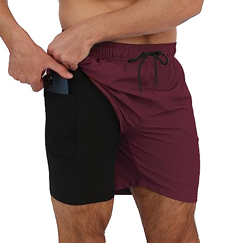 Arcweg Badehose für Herren mit Kompression Liner 2 in 1 Atmungsaktiv Badeshorts Männer Elastisch Trainingsshorts Verstellbar Tunnelzug mit Reißverschlusstaschen Rotwein 2XL von Arcweg