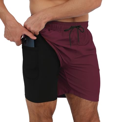 Arcweg Badehose für Herren mit Kompression Liner 2 in 1 Atmungsaktiv Badeshorts Männer Elastisch Trainingsshorts Verstellbar Tunnelzug mit Reißverschlusstaschen Rotwein 3XL (EU) von Arcweg