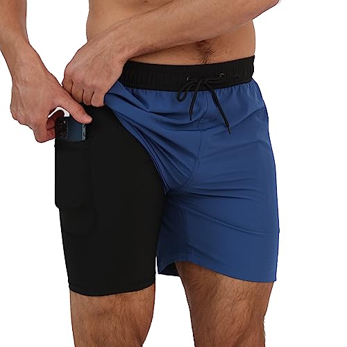 Arcweg Badehose für Herren mit Kompression Liner 2 in 1 Atmungsaktiv Badeshorts Männer Elastisch Trainingsshorts Verstellbar Tunnelzug mit Reißverschlusstaschen Schwarz+Blau L（EU） von Arcweg