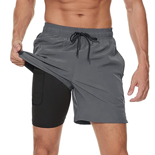 Arcweg Badehose für Herren mit Kompression Liner 2 in 1 Atmungsaktiv Badeshorts Männer Elastisch Trainingsshorts Verstellbar Tunnelzug mit Reißverschlusstaschen Grau 2XL von Arcweg