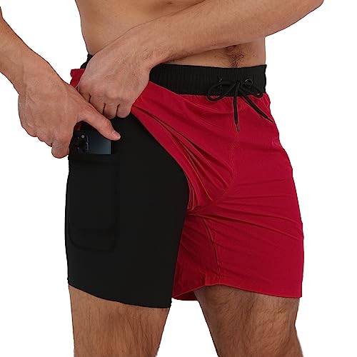 Arcweg Badehose für Herren mit Kompression Liner 2 in 1 Atmungsaktiv Badeshorts Männer Elastisch Trainingsshorts Verstellbar Tunnelzug mit Reißverschlusstaschen Schwarz+Rot L（EU） von Arcweg