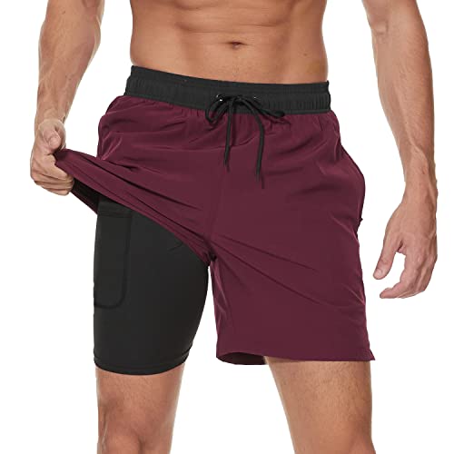 Arcweg Badehose für Herren mit Kompression Liner 2 in 1 Atmungsaktiv Badeshorts Männer Elastisch Trainingsshorts Verstellbar Tunnelzug mit Reißverschlusstaschen Schwarz+Weinrot 2XL von Arcweg