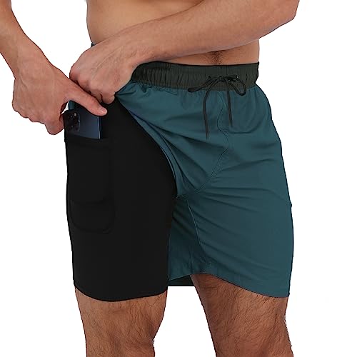 Arcweg Badehose für Herren mit Kompression Liner 2 in 1 Atmungsaktiv Badeshorts Männer Elastisch Trainingsshorts Verstellbar Tunnelzug mit Reißverschlusstaschen Schwarz+dunkelgrün 4XL (EU) von Arcweg
