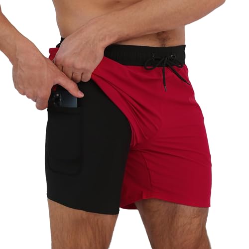 Arcweg Badehose für Herren mit Kompression Liner 2 in 1 Atmungsaktiv Badeshorts Männer Elastisch Trainingsshorts Verstellbar Tunnelzug mit Reißverschlusstaschen Schwarz+rot 4XL (EU) von Arcweg