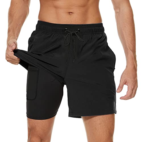 Arcweg Badehose für Herren mit Kompression Liner 2 in 1 Atmungsaktiv Badeshorts Männer Elastisch Trainingsshorts Verstellbar Tunnelzug mit Reißverschlusstaschen Schwarz L von Arcweg