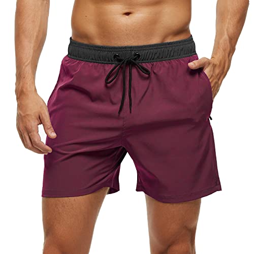 Arcweg Badehose für Herren mit Reißverschlusstasche Atmungsaktiv Wasserabweisend Badeshorts Männer Trainingsshorts Elastisch Verstellbar Mit Tunnelzug Meshfutter Schwarz/Weinrot XL(EU) von Arcweg