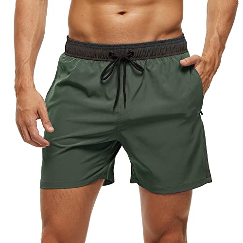 Arcweg Badehose für Herren mit Reißverschlusstasche Atmungsaktiv Wasserabweisend Badeshorts Männer Trainingsshorts Elastisch Verstellbar Mit Tunnelzug Meshfutter Schwarz + Armeegrün XXL(EU) von Arcweg
