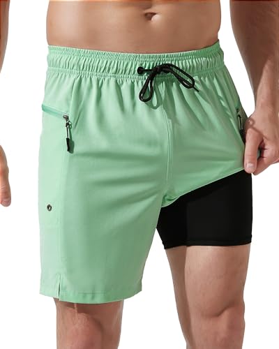 Arcweg Badeshorts Herren mit Reißverschlusstaschen Badehose Männer Jungen Schnell trocknende Schwimmhose mit Kompressionsfutter Doppellagige Grün M(EU) von Arcweg