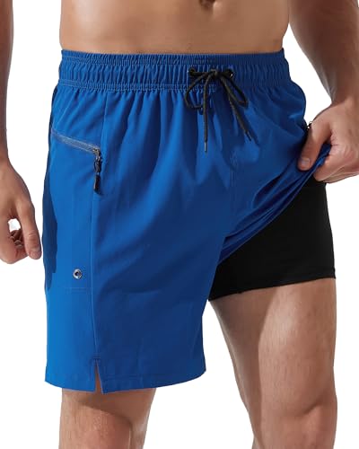 Arcweg Badeshorts Herren mit Reißverschlusstaschen Badehose Männer Jungen Schnell trocknende Schwimmhose mit Kompressionsfutter Doppellagige Marineblau S(EU) von Arcweg