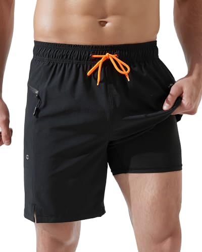 Arcweg Badeshorts Herren mit Reißverschlusstaschen Badehose Männer Jungen Schnell trocknende Schwimmhose mit Kompressionsfutter Doppellagige Schwarz L(EU) von Arcweg