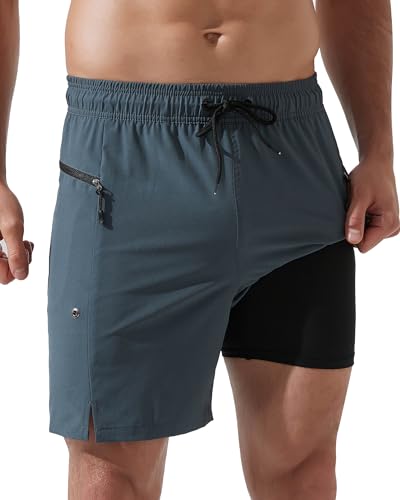 Arcweg Badeshorts Herren mit Reißverschlusstaschen Badehose Schnell trocknende Badehose mit Kompressionsfutter Doppellagige Herren Badeshorts Grau L(EU) von Arcweg