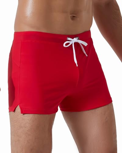 Arcweg Badeshorts für Herren Badehosen Kurz Schnelltrocknend Schwimmshorts Badehose Männer Schwimmhose Boxer Badepants eng anliegend Wassersport Kurze Hose mit Tunnelzug Rot L(EU) von Arcweg