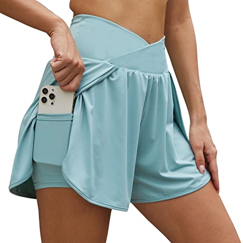 Arcweg Damen Sporthose Kurz Laufhose High Waist 2 in 1 Laufshorts Fitness Sporthose Running Yoga Jogging Elastisch Schnelltrocknende Shorts mit Reißverschlusstasche Grün S（EU） von Arcweg