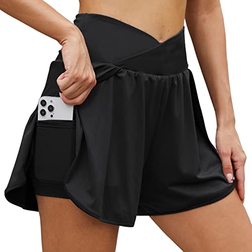 Arcweg Damen Sporthose Kurz Laufhose High Waist 2 in 1 Laufshorts Fitness Sporthose Running Yoga Jogging Elastisch Schnelltrocknende Shorts mit Reißverschlusstasche Schwarz S（EU） von Arcweg