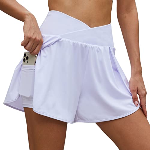 Arcweg Damen Sporthose Kurz Laufhose High Waist 2 in 1 Laufshorts Fitness Sporthose Running Yoga Jogging Elastisch Schnelltrocknende Shorts mit Reißverschlusstasche Weiß L（EU） von Arcweg