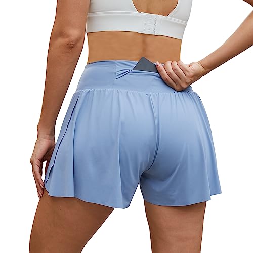 Arcweg Damen Sporthose Kurz Laufshorts 2 in 1 Schnell Trocknend Sommer Fitness Shorts Yoga Shorts Gym Jogging Training Running Shorts für Damen mit Taschen Blau 2XL（EU） von Arcweg