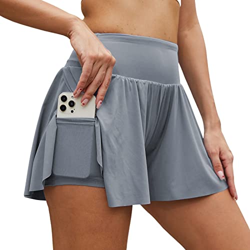 Arcweg Damen Sporthose Kurz Laufshorts 2 in 1 Schnell Trocknend Sommer Fitness Shorts Yoga Shorts Gym Jogging Training Running Shorts für Damen mit Taschen Grau XL（EU） von Arcweg