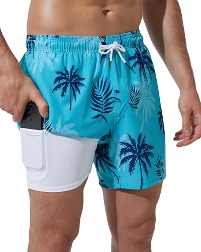 Arcweg Herren Badehose Badeshorts mit Kompression Liner 2 in 1 lässige Swim Shorts Kurz 5.5" Schnelltrocknend Boardshorts Strandshort mit Reißverschlusstasche Blaue Kokosnuss L（EU） von Arcweg