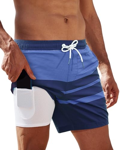 Arcweg Herren Badehose Badeshorts mit Kompression Liner 2 in 1 lässige Swim Shorts Kurz 5.5" Schnelltrocknend Boardshorts Strandshort mit Reißverschlusstasche Blaue Streifen S（EU） von Arcweg
