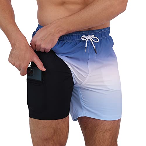 Arcweg Herren Badehose Badeshorts mit Kompression Liner 2 in 1 lässige Swim Shorts Kurz 5.5" Schnelltrocknend Boardshorts Strandshort mit Reißverschlusstasche Blauer Farbverlauf 2XL（EU） von Arcweg