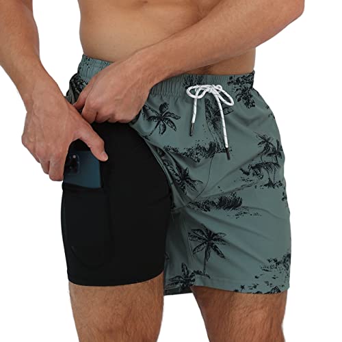 Arcweg Herren Badehose Badeshorts mit Kompression Liner 2 in 1 lässige Swim Shorts Kurz 5.5" Schnelltrocknend Boardshorts Strandshort mit Reißverschlusstasche Kokosnussbäume S（EU） von Arcweg