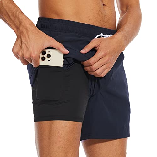 Arcweg Herren Badehose Badeshorts mit Kompression Liner 2 in 1 lässige Swim Shorts Kurz 5.5" Schnelltrocknend Boardshorts Strandshort mit Reißverschlusstasche Marineblau 2XL（EU） von Arcweg