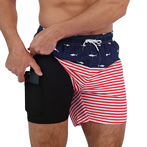 Arcweg Herren Badehose Badeshorts mit Kompression Liner 2 in 1 lässige Swim Shorts Kurz 5.5" Schnelltrocknend Boardshorts Strandshort mit Reißverschlusstasche Rot Fisch M（EU） von Arcweg