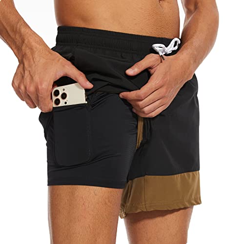 Arcweg Herren Badehose Badeshorts mit Kompression Liner 2 in 1 lässige Swim Shorts Kurz 5.5" Schnelltrocknend Boardshorts Strandshort mit Reißverschlusstasche Schwarz und Grün 2XL（EU） von Arcweg