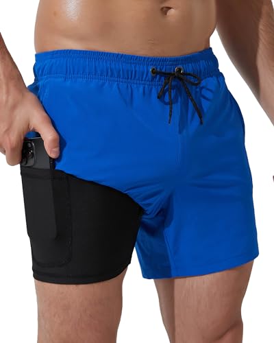 Arcweg Herren Badehose mit Kompression Badeshorts 2 in 1 Schnelltrocknend Schwimmhose 5.5" Badehose mit Innenhose Reißverschlusstasche Badeshorts S - XXL Ozeanblau M(EU) von Arcweg