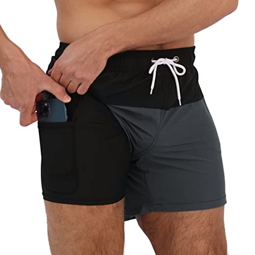 Arcweg Herren Badehose mit Kompression Badeshorts 2 in 1 Schnelltrocknend Schwimmhose 5.5" Badeshorts mit Innenhose Reißverschlusstasche Badehose S - XXL Schwarz + Grau L(EU) von Arcweg