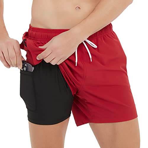 Arcweg Herren Badehose mit Kompression Badeshorts 2 in 1 Schnelltrocknend Schwimmhose 5.5" Badeshorts mit Innenhose Reißverschlusstasche Badehose S - XXL Schwarz + Rot L(EU) von Arcweg