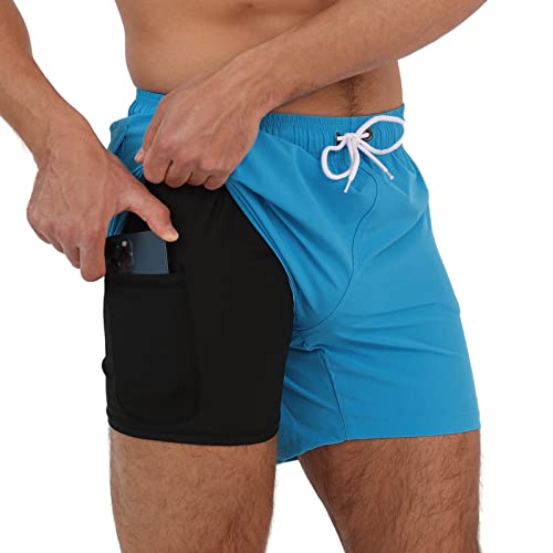 Arcweg Herren Badehose mit Kompression Badeshorts 2 in 1 Schnelltrocknend Schwimmhose 5.5" Boardshorts mit Innenhose Reißverschlusstasche Strandshorts S - XXL Blau M(EU) von Arcweg