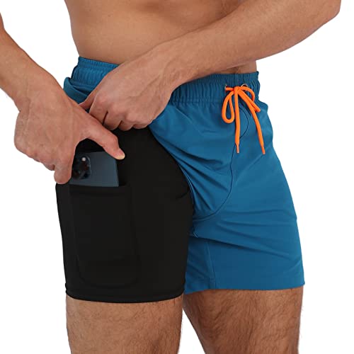 Arcweg Herren Badehose mit Kompression Badeshorts 2 in 1 Schnelltrocknend Schwimmhose 5.5" Boardshorts mit Innenhose Reißverschlusstasche Strandshorts S - XXL Dunkelblau S(EU) von Arcweg