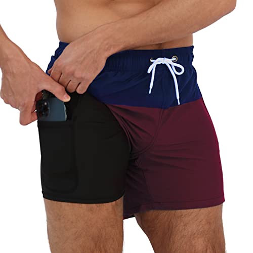 Arcweg Herren Badehose mit Kompression Badeshorts 2 in 1 Schnelltrocknend Schwimmhose 5.5" Badeshorts mit Innenhose Reißverschlusstasche Badehose S - XXL Marineblau+Weinrot L(EU) von Arcweg
