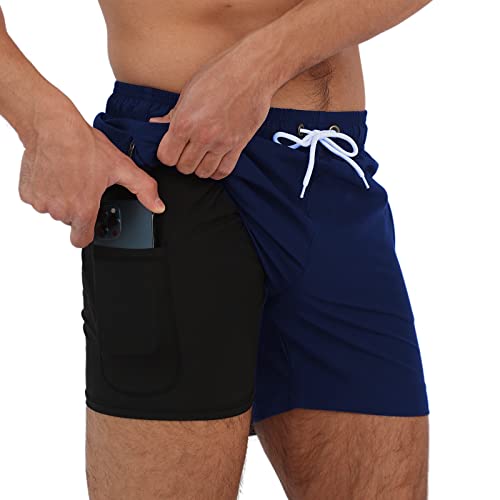 Arcweg Herren Badehose mit Kompression Badeshorts 2 in 1 Schnelltrocknend Schwimmhose 5.5" Boardshorts mit Innenhose Reißverschlusstasche Strandshorts S - XXL Marineblau M(EU) von Arcweg