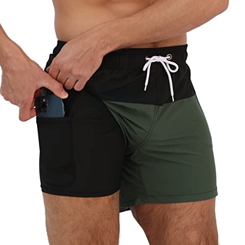 Arcweg Herren Badehose mit Kompression Badeshorts 2 in 1 Schnelltrocknend Schwimmhose 5.5" Boardshorts mit Innenhose Reißverschlusstasche Strandshorts S - XXL Schwarz + Armeegrün L(EU) von Arcweg