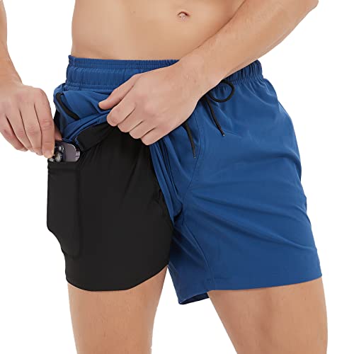 Arcweg Herren Badehose mit Kompression Badeshorts 2 in 1 Schnelltrocknend Schwimmhose 5.5" Boardshorts mit Innenhose Reißverschlusstasche Strandshorts S - XXL Schwarz + Marineblau S(EU) von Arcweg