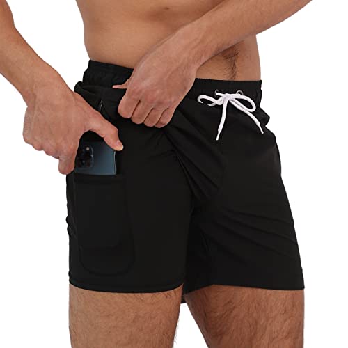 Arcweg Herren Badehose mit Kompression Badeshorts 2 in 1 Schnelltrocknend Schwimmhose 5.5" Boardshorts mit Innenhose Reißverschlusstasche Strandshorts S - XXL Schwarz L(EU) von Arcweg