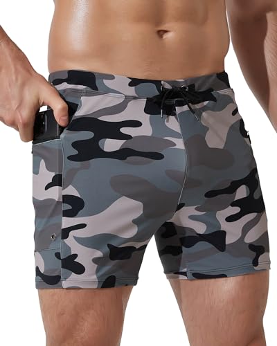 Arcweg Herren Boxer-Badehose mit Taschen Badeshorts Badepants Wassersport Männer Jungen Schwimmhose kurz eng Baden Strand Shorts Gummibund mit Taschen Tarnfarbe XL（EU von Arcweg