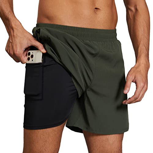 Arcweg Herren Sport Shorts Laufshorts 2 in 1 Kurze Sommer Running Sporthose Schnell Trocknend Fitness Joggen Traininghose Running Sport Kurze mit Taschen Grün S（EU） von Arcweg