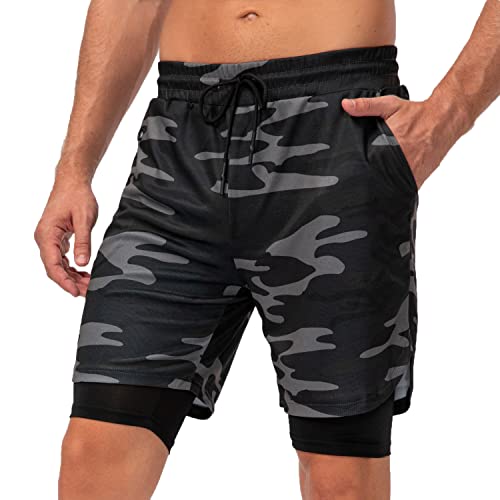 Arcweg Laufshorts 2 in 1 Shorts Sommer Herren Plusgear Schnelltrocknende Laufhose Fitness Hosen Herren Kurze Sporthose mit Handytaschen Running Workout Fitness Schwarze Tarnung XXL von Arcweg