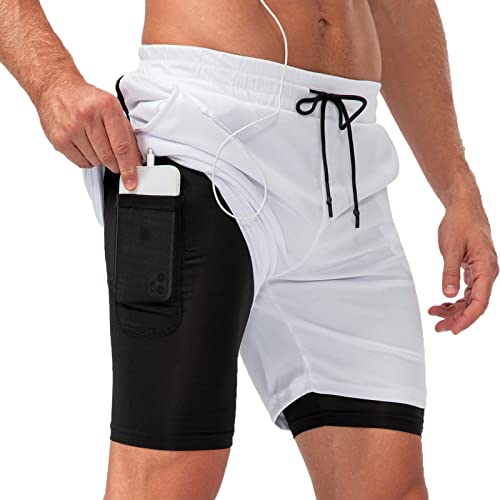 Arcweg Laufshorts 2 in 1 Shorts Sommer Herren Plusgear Schnelltrocknende Laufhose Fitness Hosen Herren Kurze Sporthose mit Handytaschen Running Workout Fitness Weiß XXL von Arcweg