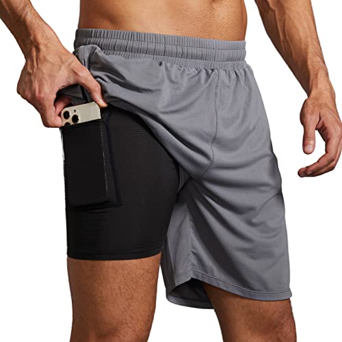 Arcweg Sporthose Herren Kurz 2 in 1 Laufhose Sports Shorts Schnell Trocknend Sport Kurze Hosen mit Reissverschluss Taschen Trainingshose fur Outdoor Sport Gym Grau 2XL（EU） von Arcweg