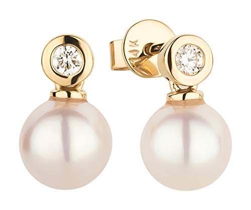 Ardeo Aurum Damen Ohrringe-Ohrstecker aus 585 Gold Gelbgold mit 0,10 ct Diamant Brillant 7,0 mm Akoya-Perlen Tropfen-Design Zargenfassung von Ardeo Aurum