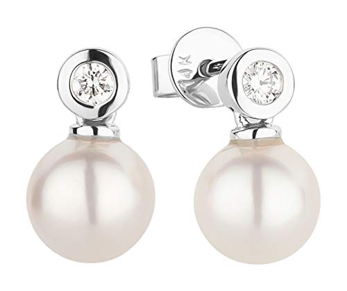 Ardeo Aurum Damen Ohrringe-Ohrstecker aus 585 Gold Weißgold mit 0,10 ct Diamant Brillant 7,0 mm Akoya-Perlen Tropfen-Design Zargenfassung von Ardeo Aurum