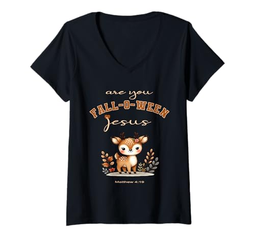 Damen Bist du Faloween-Jesus? Christliches Halloween-süßes Hirschbaby T-Shirt mit V-Ausschnitt von Are You Falloween Jesus Baby Deer Sapphire Star