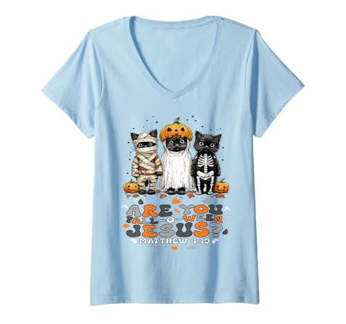 Damen Christliches Halloween Are You Faloween-Jesus, süße Retro-Katzen T-Shirt mit V-Ausschnitt von Are You Falloween Jesus Cute Cats Sapphire Star