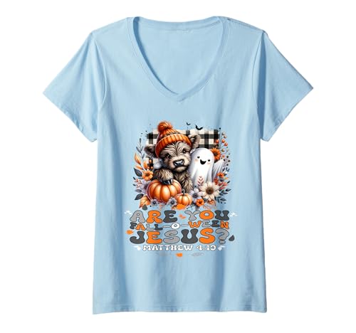 Damen Bist du Faloween-Jesus Christian Halloween Highland Cow T-Shirt mit V-Ausschnitt von Are You Falloween Jesus Cute Cow Sapphire Star