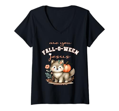 Damen Bist du Faloween-Jesus, christlicher Halloween-Weihnachtswolf, niedlicher Blumenwolf T-Shirt mit V-Ausschnitt von Are You Falloween Jesus Cute Wolf Sapphire Star