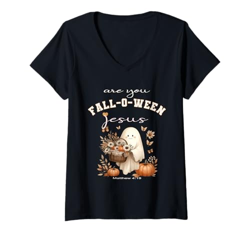 Damen Bist du Faloween-Jesus? Christlicher Halloween-Halloween-Hingucker T-Shirt mit V-Ausschnitt von Are You Falloween Jesus Retro Ghost Sapphire Star
